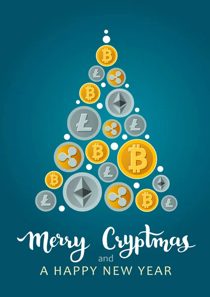 Illustrazione vettoriale della forma dell'albero di Natale fatta di bitcoin, li — Vettoriale Stock