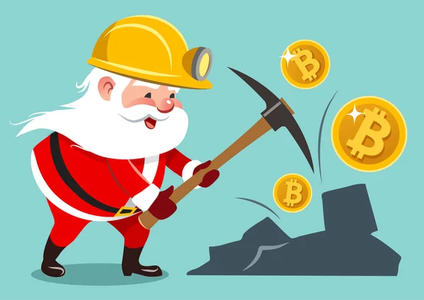 Vector cartoon illustration of Santa Claus wearing mining helmet working with pickaxe mining golden bitcoins — Stock Vector