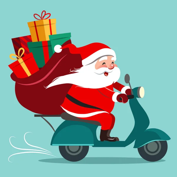 Vektor-Cartoon-Illustration glücklicher Weihnachtsmänner mit einem Geschenksack auf einem Motorroller. Designelement für Grußkarten, Banner, Anzeigen im zeitgenössischen flachen Stil. — Stockvektor