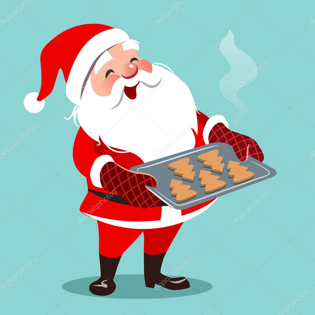 Vector cartoon illustration of cute happy Santa standing, holdin