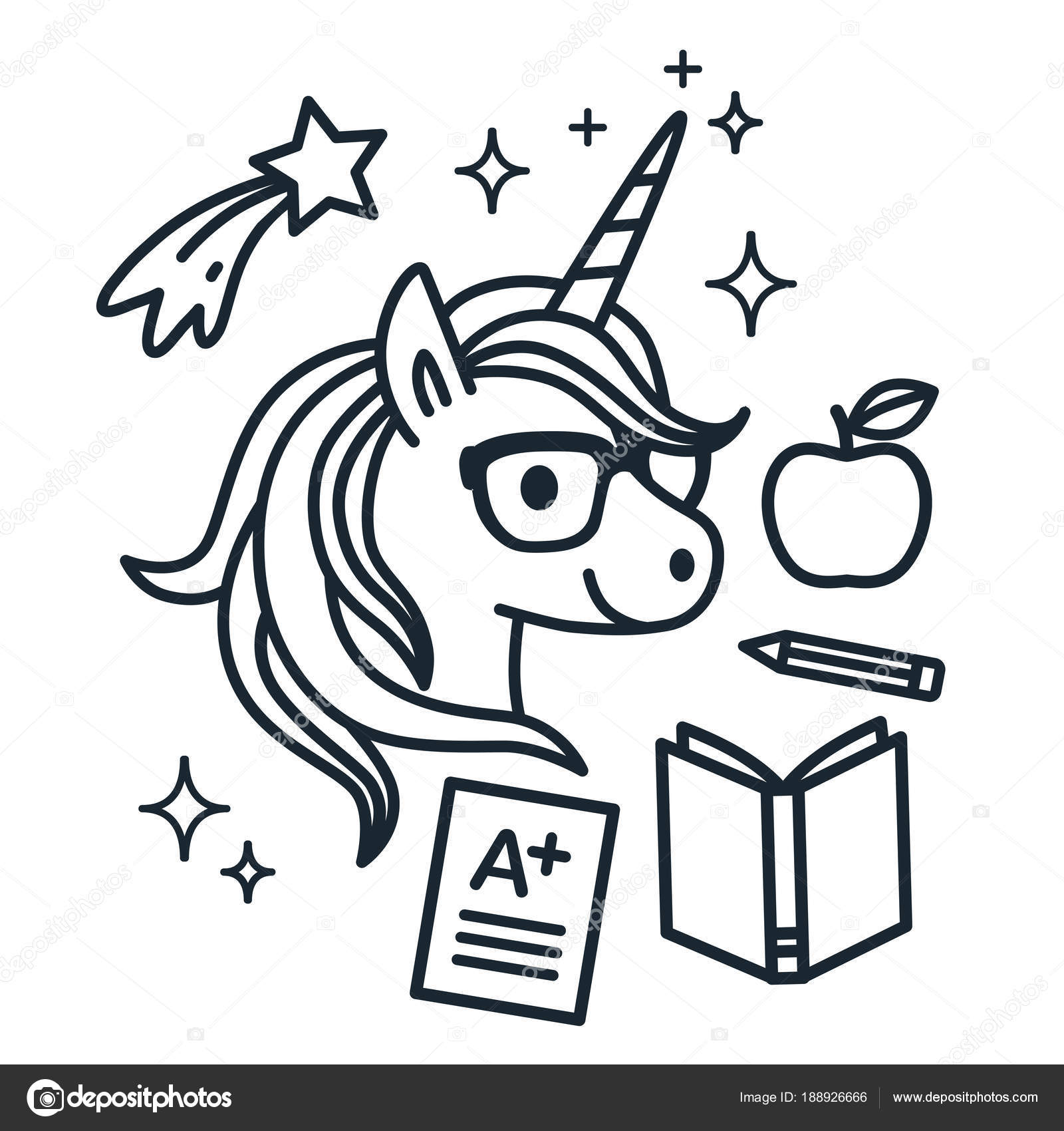Schattig Unicorn Dragen Van Bril Met School Themed Pictogrammen Rond