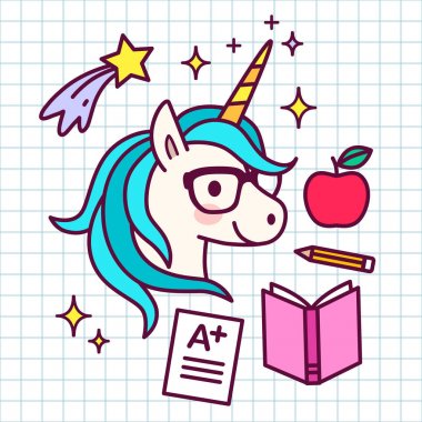 Sevimli çizgi sihirli unicorn ile okul temalı gözlük ile ben