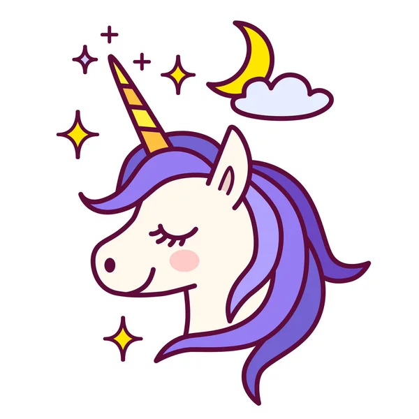 Unicorn lucu dengan ilustrasi kilau dan vektor bulan. Sederhana - Stok Vektor