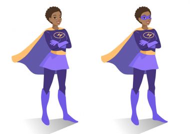  Afro-Amerikan süper kahraman kadın kıyafet ve maske ayakta 