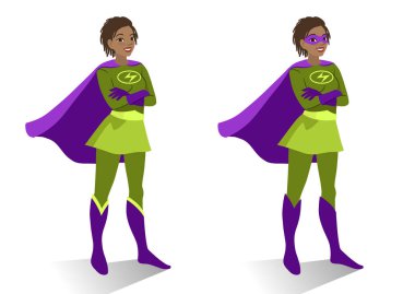  Afro-Amerikan süper kahraman kadın kıyafet ve maske ayakta 