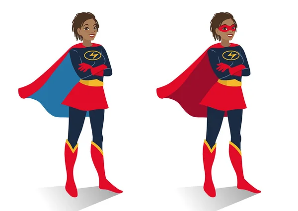 Afrikkalainen amerikkalainen supersankari nainen puku ja naamio seisoo — vektorikuva