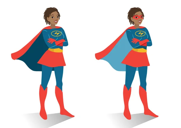 Afro americana superhéroe mujer en traje y máscara de pie — Vector de stock