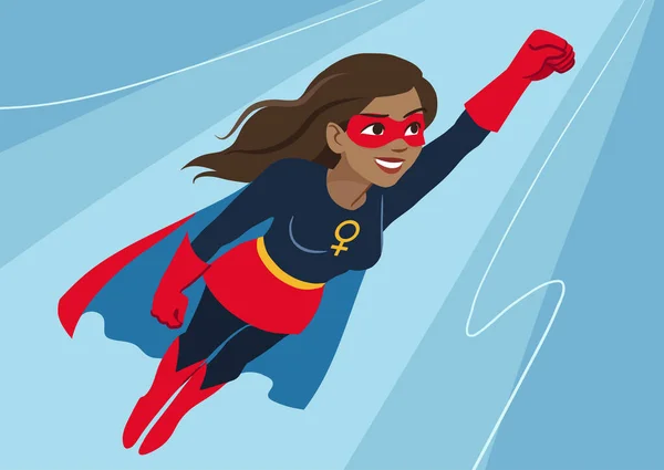 Супергероя жінка в польоті. Привабливі молодий афроамериканець wom — стоковий вектор