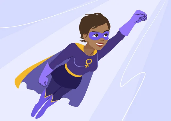 Superhero wanita dalam penerbangan. Atraktif muda Afrika Amerika wom - Stok Vektor