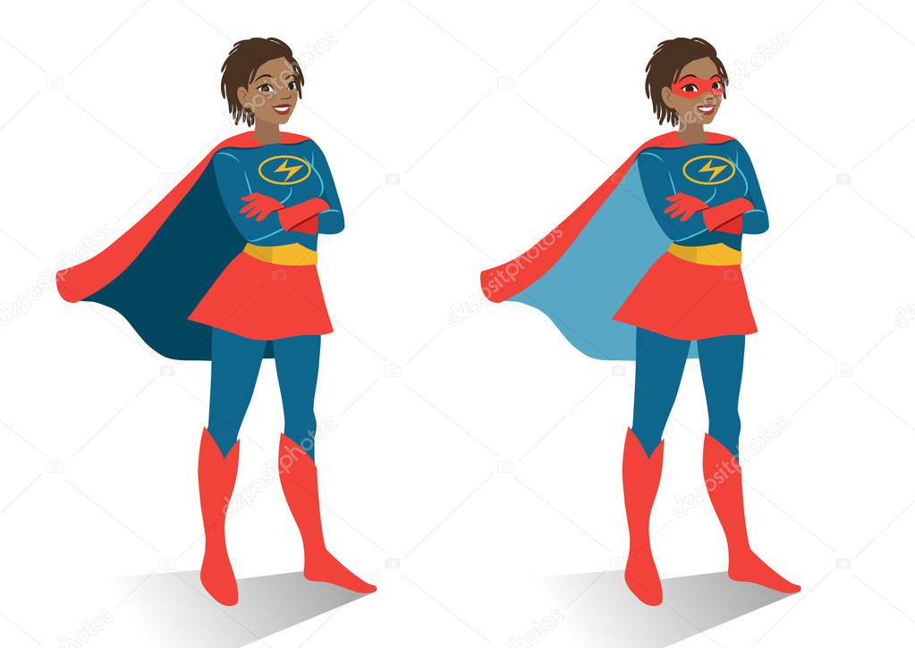  African American superhero woman in  costume and mask standing 