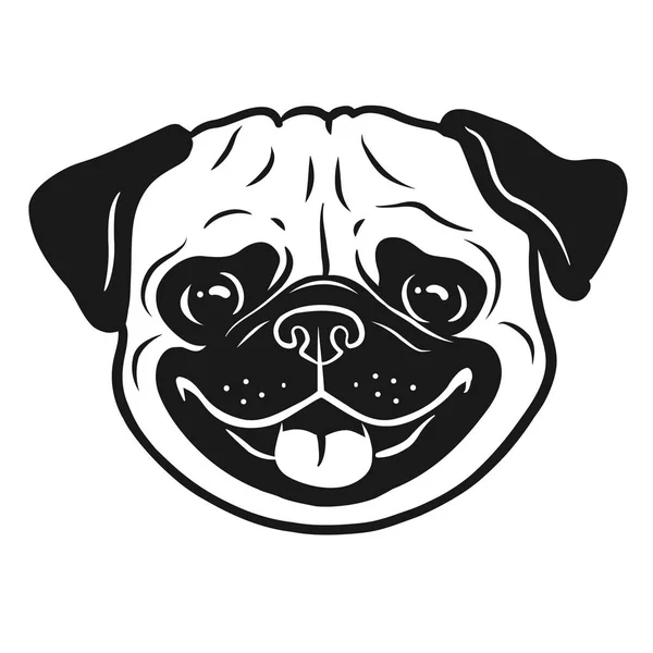 Pug dog black and white hand drawn cartoon portrait. Funny happy — Stock Vector