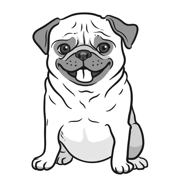 Pug cão preto e branco mão desenhada desenho animado retrato. Engraçado feliz — Vetor de Stock