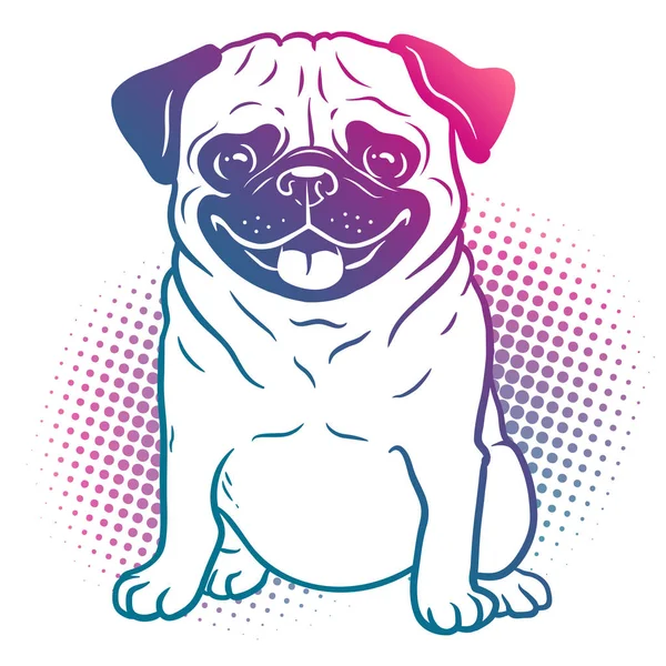パグ犬ポップアート イラストで明るいネオン虹色 — ストックベクタ