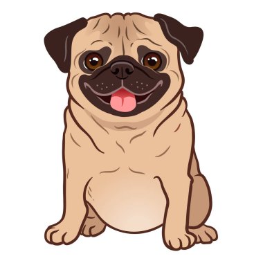 Pug köpek çizgi film illüstrasyon. Sevimli dost şişman tombul açık kahverengi dikkat