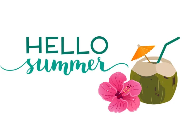 Hej sommar text med gröna kokos drink och ljusa rosa hibis — Stock vektor