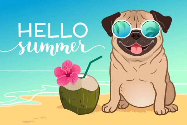 Pug σκυλί φορώντας ανακλαστικά γυαλιά ηλίου σε μια αμμώδη παραλία, ωκεανό σε — Διανυσματικό Αρχείο
