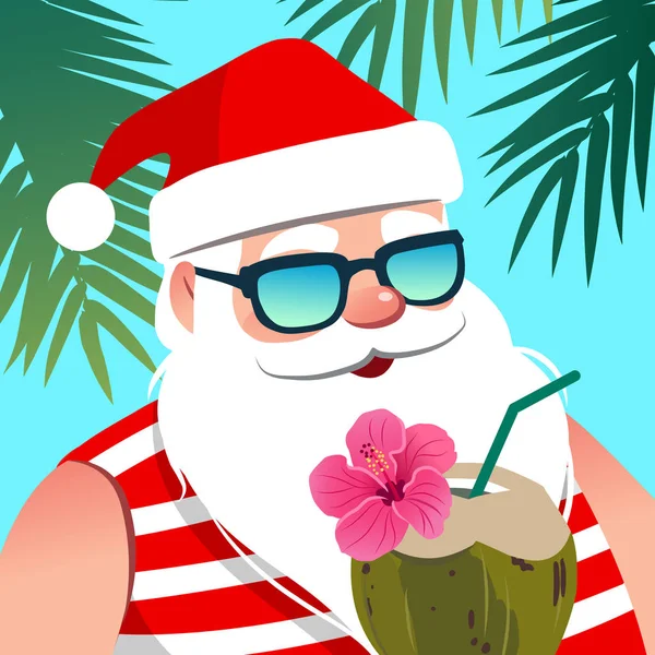 Weihnachtsmann mit Sonnenbrille und Kokosgetränk vor Palmen. — Stockvektor