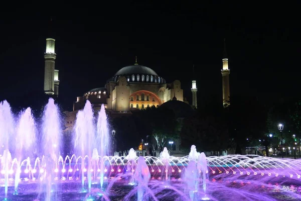 Çeşme önünde Ayasofya Müzesi, gece, Istanbul, Türkiye