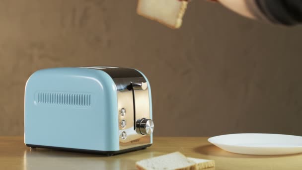 Homem coloca dois pães de pão em uma torradeira elétrica — Vídeo de Stock