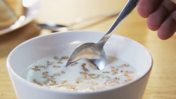 Müsli mit einem Löffel vermischt — Stockvideo