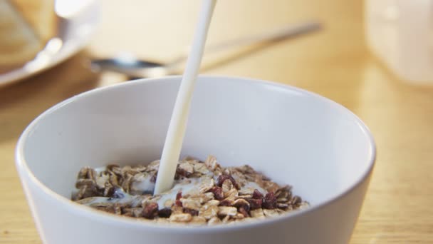 Pouring Milk into a Bowl with Muesli — Stock Video