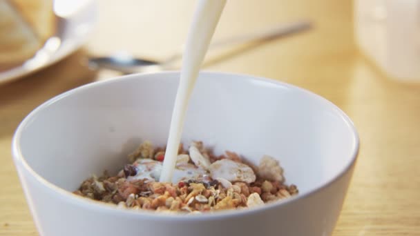 Verter leche en un tazón con Muesli — Vídeos de Stock