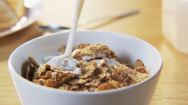 Verter leche en un tazón con Muesli — Vídeos de Stock