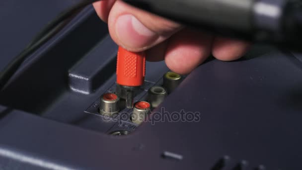 Plugging Red White Cables Slots Cable Plugging Close Shot Red — Stock Video