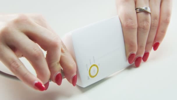 Woman Plugging White Cable Device Cable Plugging Extreme Close Shot — Stock Video