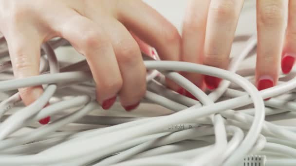 Woman Grabbing White Cables Lots Cables Extreme Close Shot Red — Stock Video