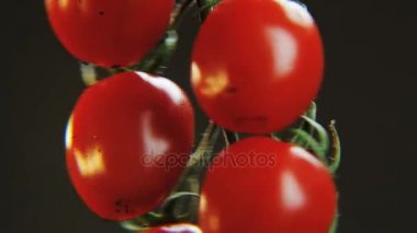 Siyah bir arka plan üzerinde dönen domates. Kırmızı meyve bir daireye taşınıyor. Yakın çekim. Kırmızı Epic vurdu