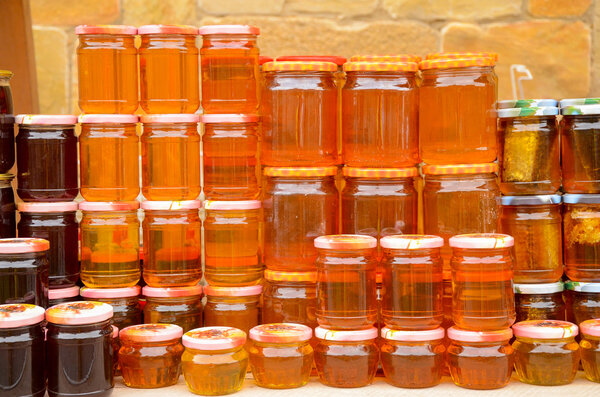 Natural honey for sale in glass bottles, Mtskheta, Georgia