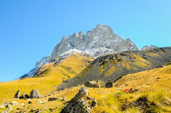 Montagne del Caucaso in estate, erba verde, cielo blu e neve sulla cima Chiukhebi — Foto Stock