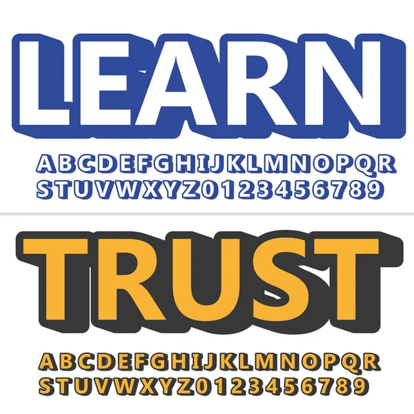 Vector 3d fuentes, azul y naranja alfabeto y números, aprender palabra, confianza — Archivo Imágenes Vectoriales