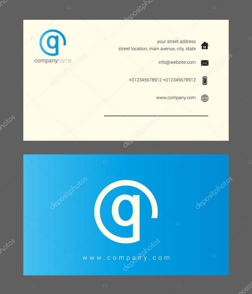 Design of blue company business card with company name Q single letter logo , vector, illustration