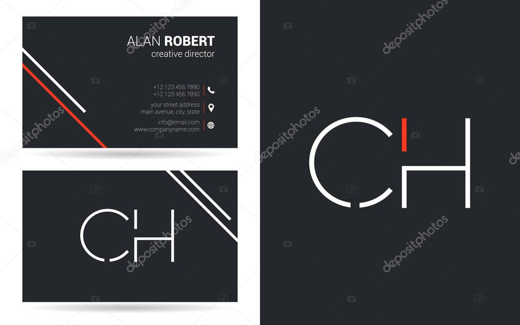 Stroke letters CH  icon design and business card template 