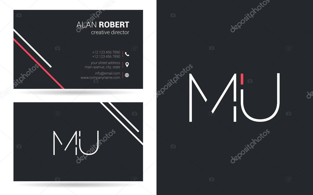 Stroke letters Mu logo design and business card template
