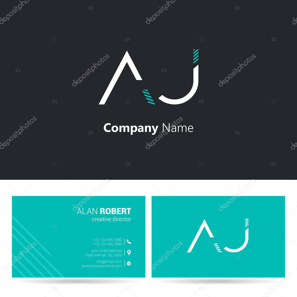 logo design of AJ letters, stroke style font, business card template 