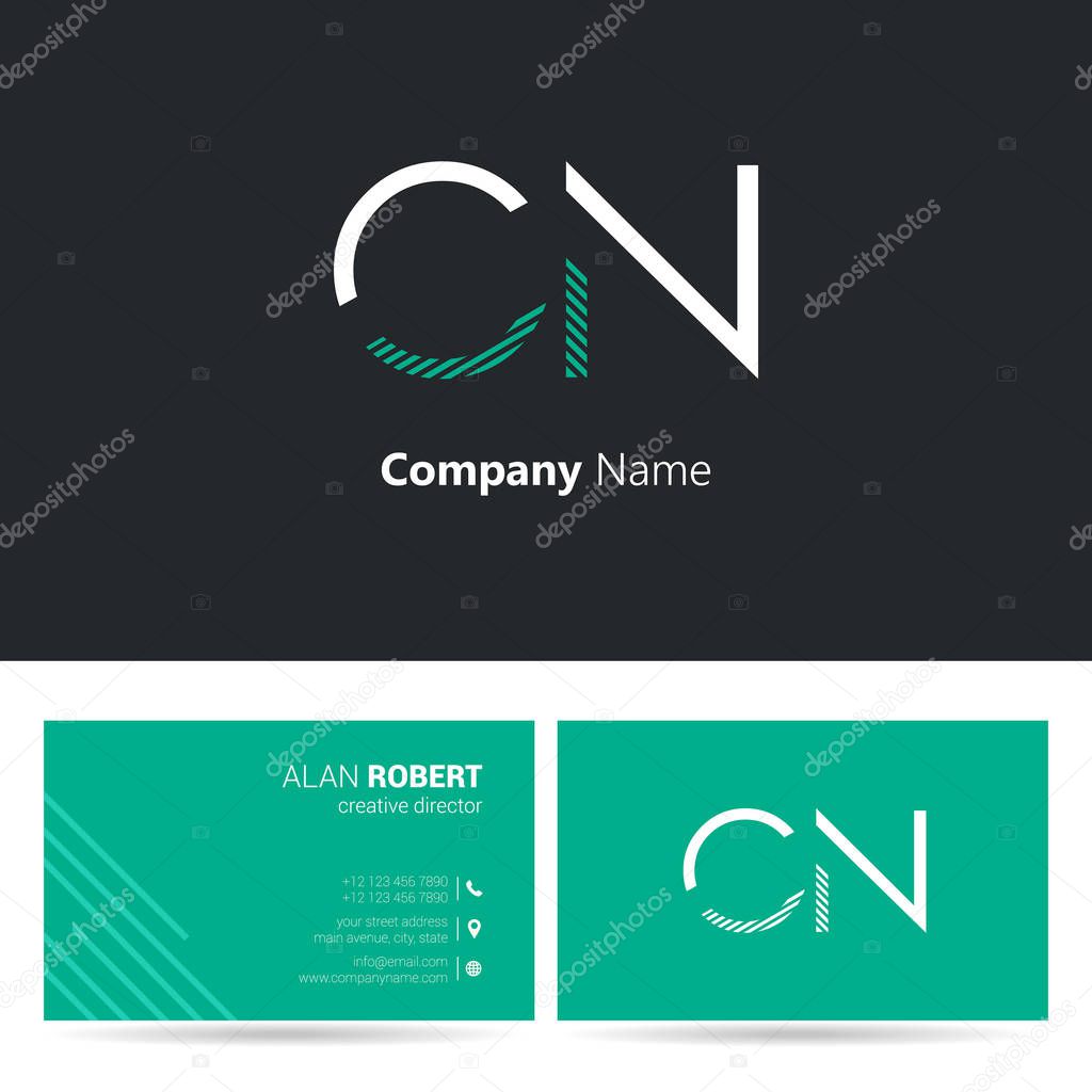 Logo design of CN letters, stroke style font, business card template in black and green colors