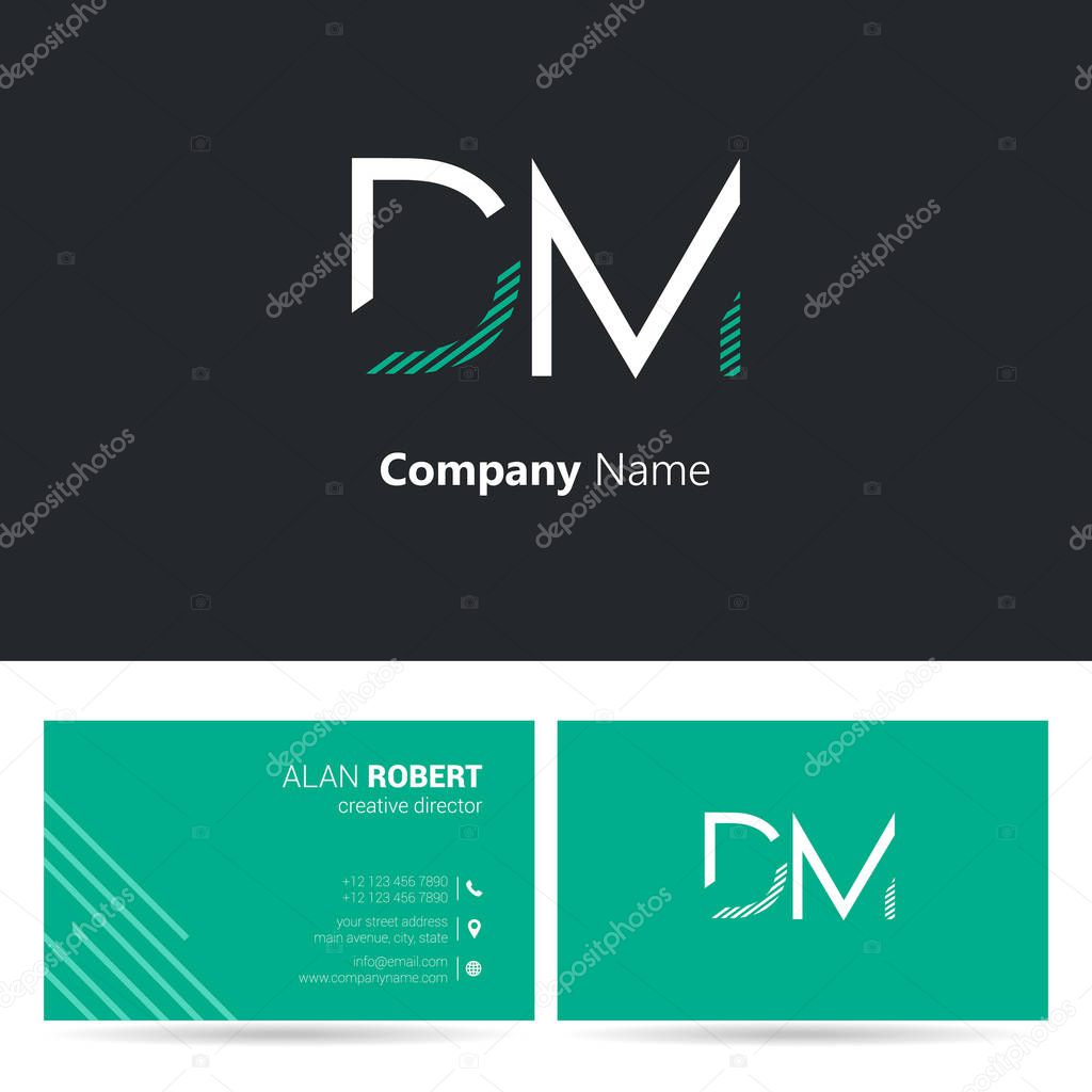 logo design of DM letters, stroke style font, business card template in black and green colors