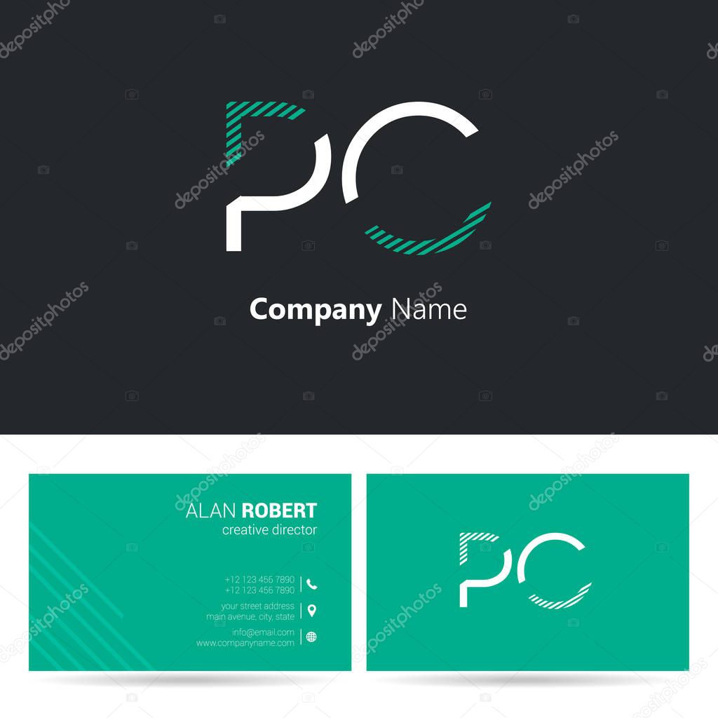 Logo design of PC letters, stroke style font, business card template 