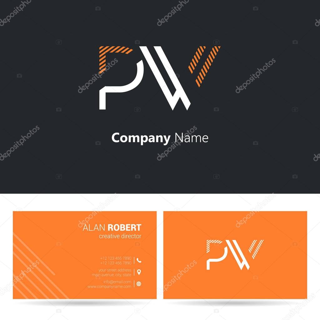 Logo design of PW letters, stroke style font, business card template