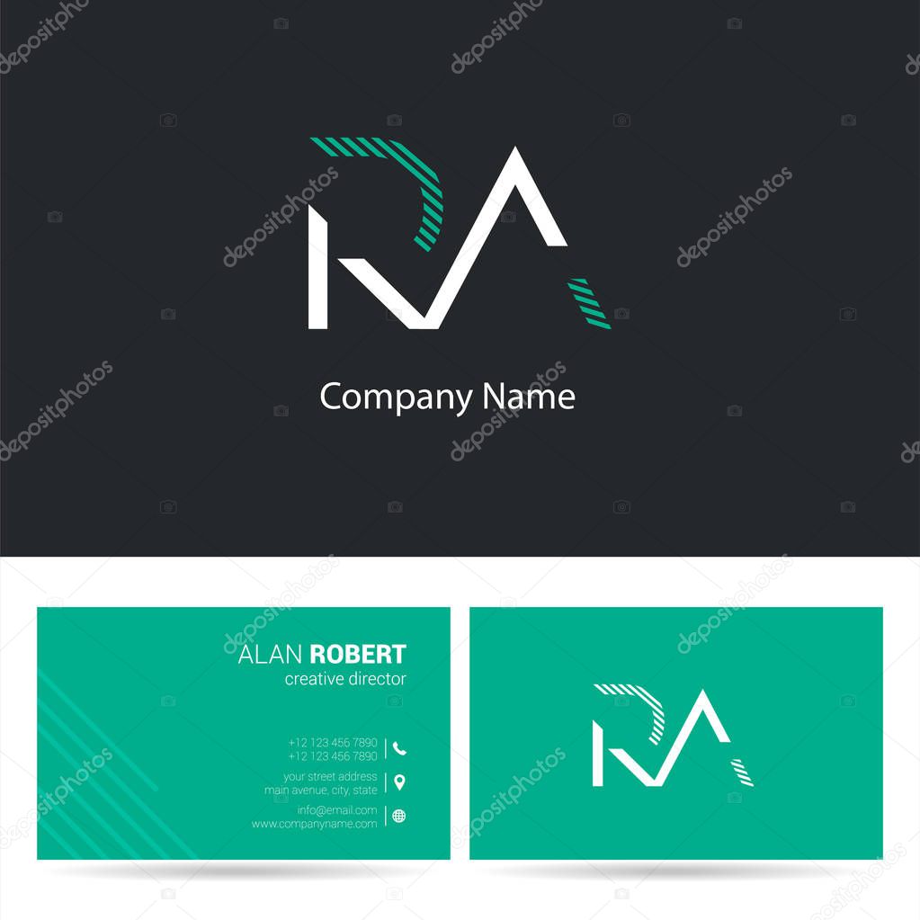 RA stroke logo design and business card template, vector illustration