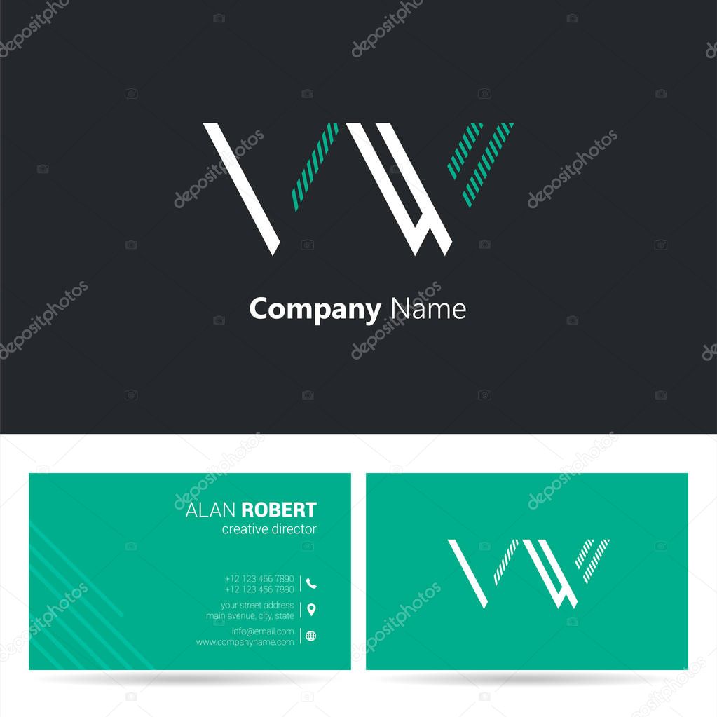 Black and green logo design and business card template with wavy letters VW