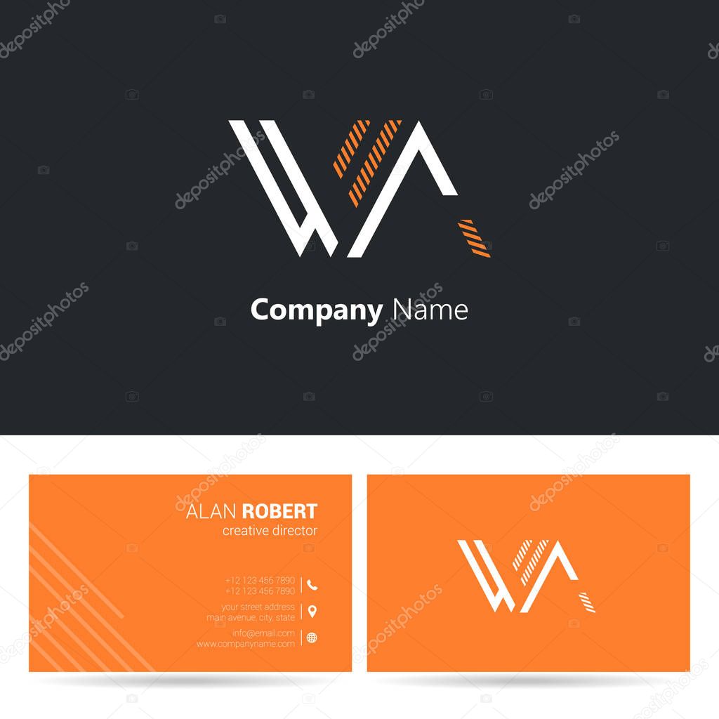 Black and orange logo design and business card template with wavy letters Wa
