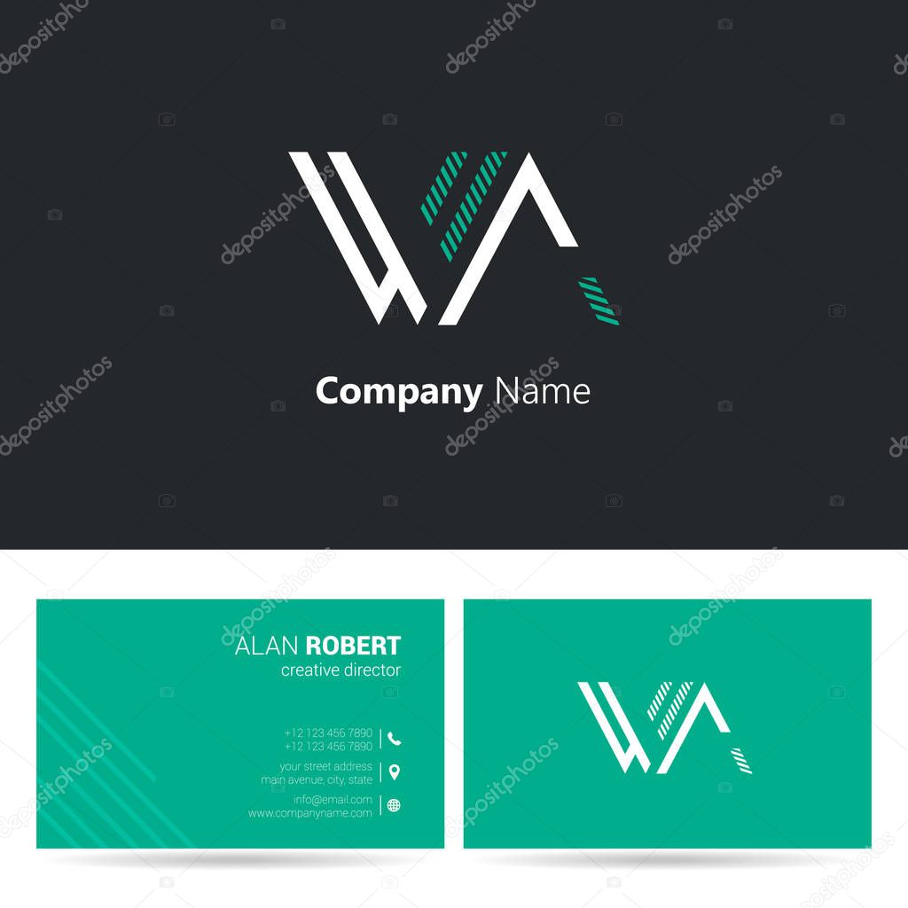 Black and green logo design and business card template with wavy letters Wa