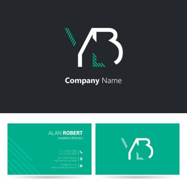 Dalgalı harflerin Yb ile siyah ve yeşil logo tasarım ve kartvizit şablonu