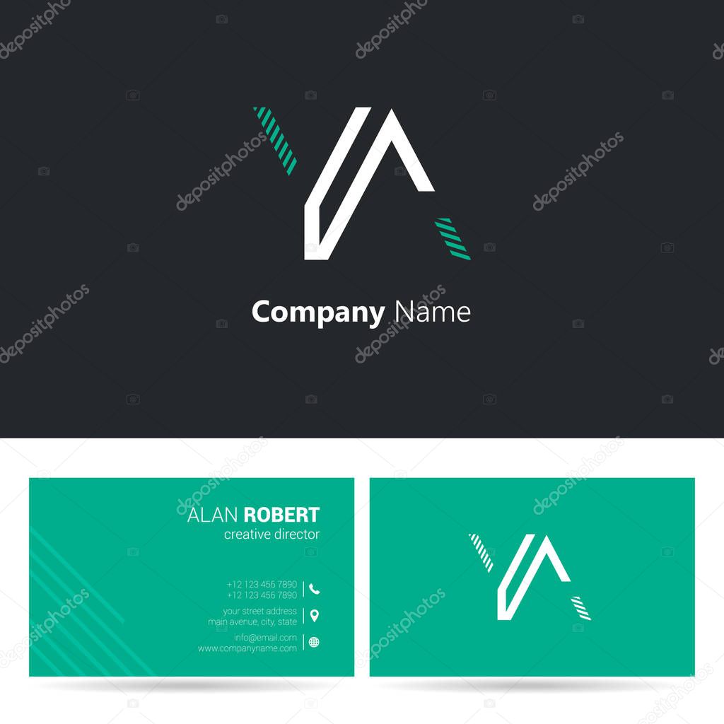 Black and green logo design and business card template with wavy letters Ya