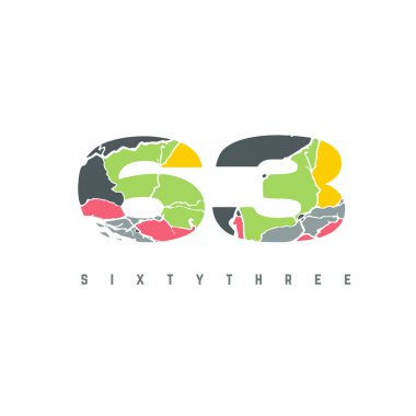 Beyaz arkaplanda 63 numaralı logo çok renkli harf dizayn şablonu izole edildi