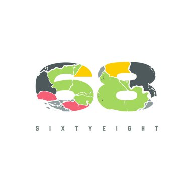 Beyaz arkaplanda izole edilmiş 68 numaralı logo çok renkli harf dizayn şablonu